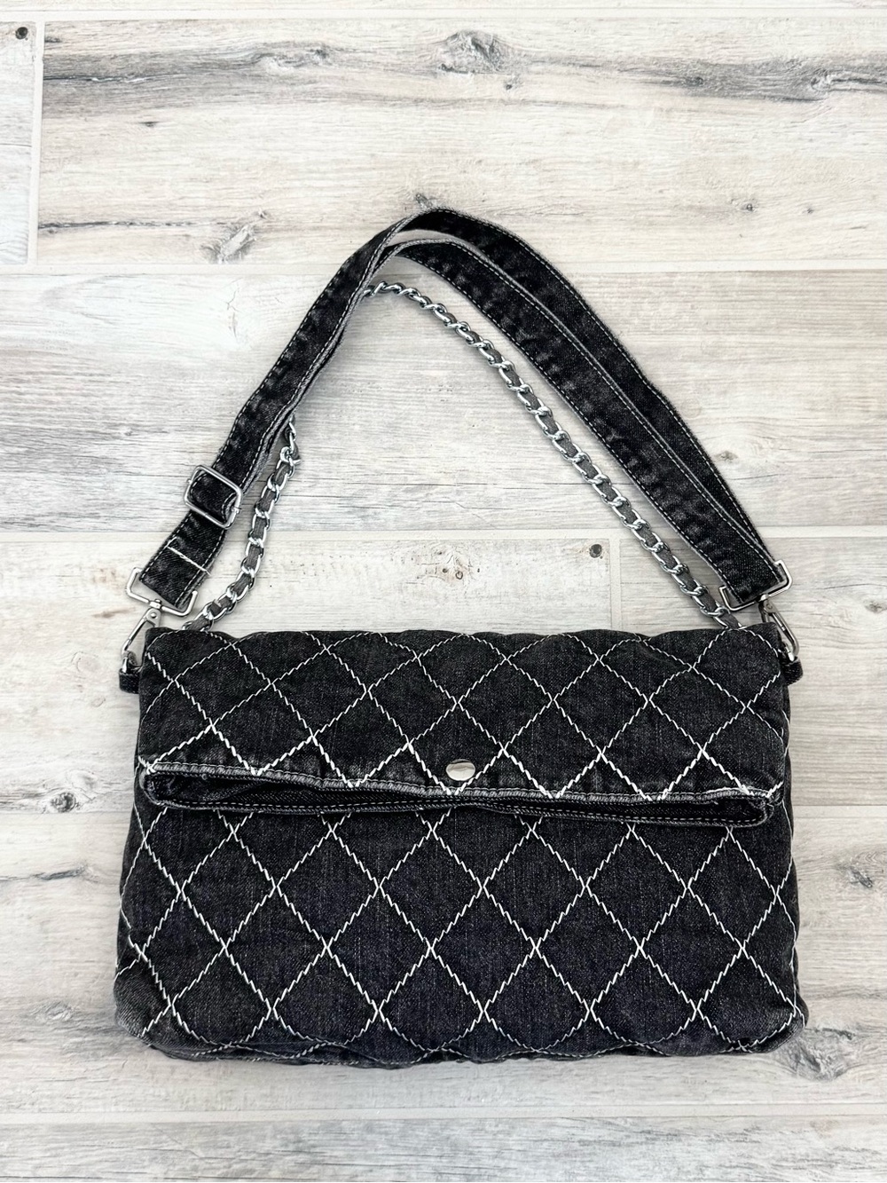 Black Jean Denim Quilted Chain Strap Messenger Hobo Crossbody Shoulder Bag
